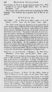 An entire page of reviews for Lane’s novels. From The Critical Review’s Monthly Catalogue (October 1798 second series, pp. 236)