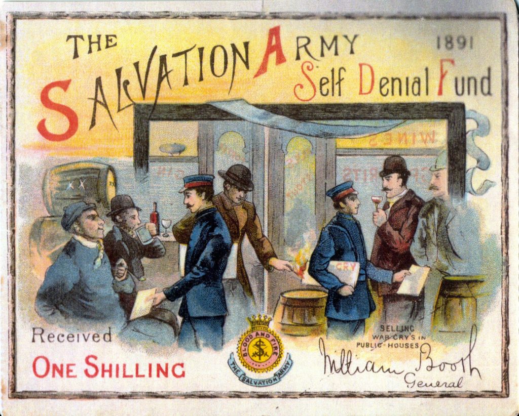 Illustrated card acknowledging one shilling donated to The Salvation Army Self Denial Fund 1891, depicting Salvationists selling War Crys to hostile drinkers in a pub.