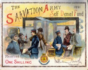 Illustrated card acknowledging one shilling donated to The Salvation Army Self Denial Fund 1891, depicting Salvationists selling War Crys to hostile drinkers in a pub.