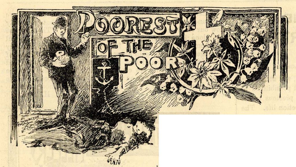 Illustration for an article titled ‘Poorest of the Poor’ showing a man entering a room to discover a dead woman lying on the floor.