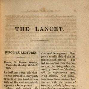 Page with header "The Lancet" with two columns of text below in black typeface.