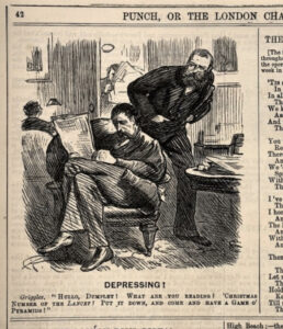 Cartoon engraving of a seated man reading the Lancet with another man looking over his shoulder