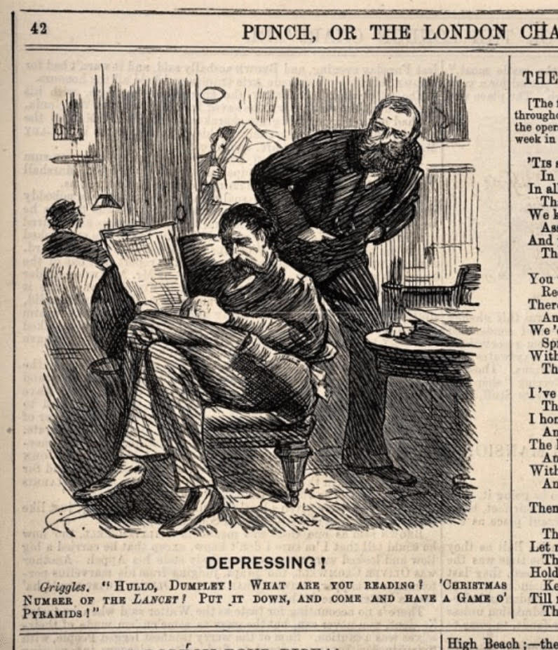 Cartoon engraving of a seated man reading the Lancet with another man looking over his shoulder